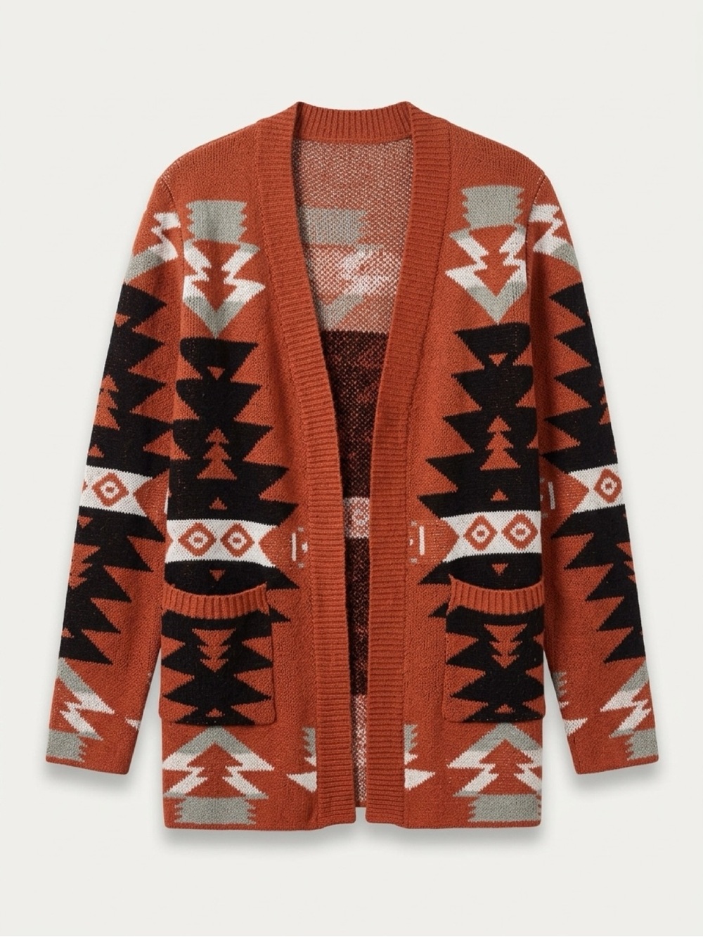 Rust Aztec Open-Front Knit Cardigan Sweater
